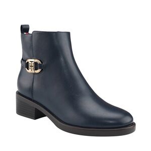Tommy Hilfiger Blue Leather Ankle Booties with Gold TH Accent